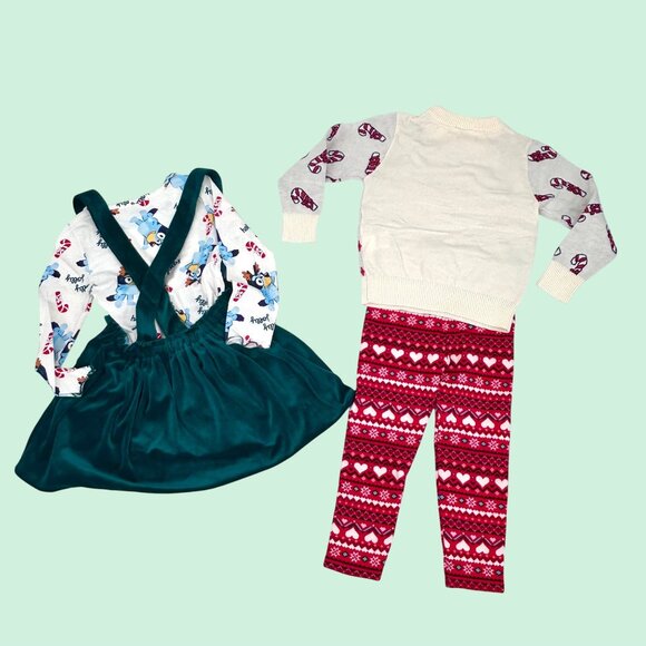 4 PC LOT OF KIDS CHRISTMAS OUTFITS GARANIMALS BLUEY SWEATER TOP & PINAFORE SKIRT - Picture 7 of 8